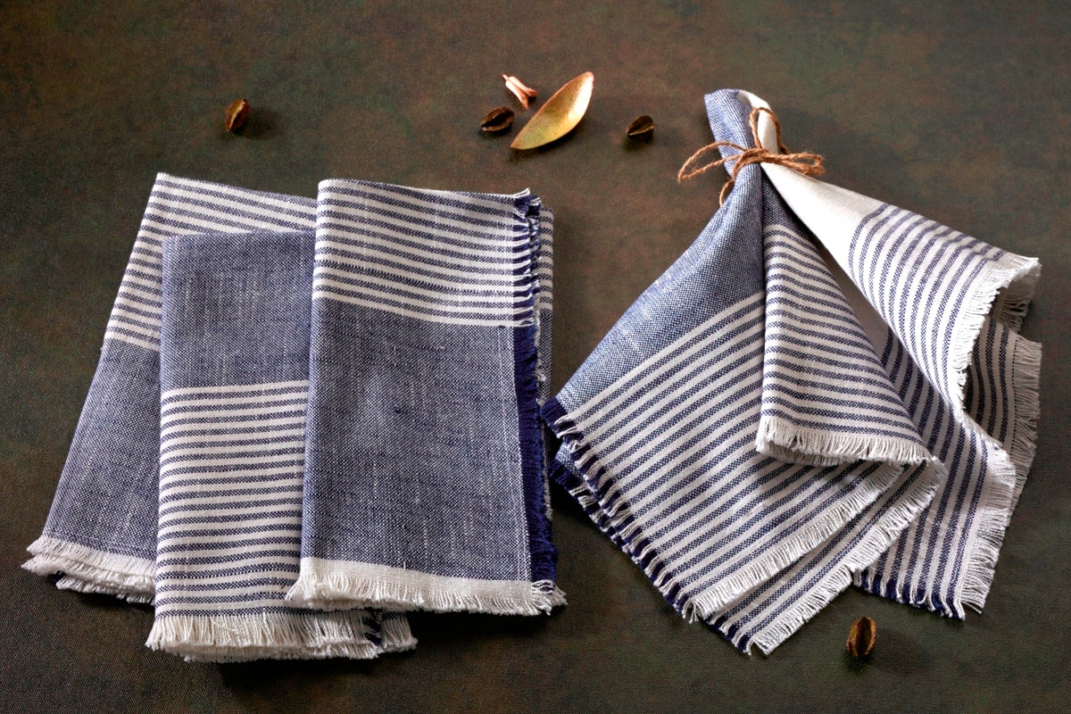 Cuisine Stripe Dinner Napkins - Set Of 4 - 100% Cotton - Navy
